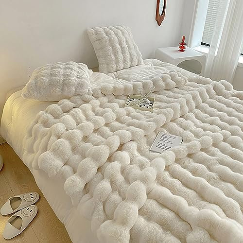 Fouriding Faux Kaninchen Pelz Decke, Winter weich warm Blase Kunstpelz Decke für Bett Sofa Casual Decke Bettdecke Decke (Beige, 100×160CM)