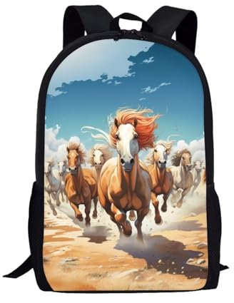 Belidome Kinder-Schulrucksack mit seitlichen Netztaschen, große Büchertasche, Tagesrucksack, Schulterrucksack, Pferd 3, Einheitsgröße