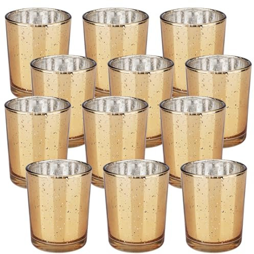 Euleryoo Lot de 12 photophores en verre orange doré - Bougeoir en verre de qualité supérieure - Décoration de table pour mariage, fête, Noël, décoration de table de salon