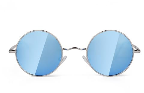 Laurinny 90er Retro Runde Sonnenbrille Damen Herren Klassische Polarisierte Sonnenbrillen Metallrahmen Rund Hippie Brille(Silber Rahmen Blaue Linse)