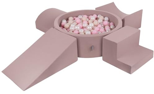 KiddyMoon Spielplatz Aus Schaumstoff Mit Rund Bällebad (200 Bälle) Ballgruben Für Babys Spielbad Hindernisläufen, Erikafarben:Pastellbeige/Puderrosa/Perle
