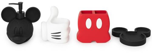 Jay Franco Disney Mickey Mouse - Juego de 4 organizadores de baño, accesorios rojos, negros y blancos, incluye dispensador de jabón de resina, jabonera, soporte para cepillo de dientes y vaso,