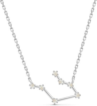 Amberta Women 925 Sterling Silver Constellation Necklace with Cubic Zirconia Birthstone – Silver Zodiac Necklace CZ: Simulated Moonstone Necklace Gemini