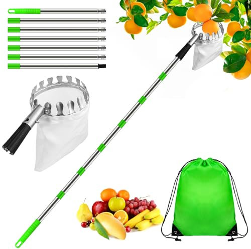 Dreamtop 2,8m Recogedor de Frutas Telescopico, Inoxidable Ajustable Recogedor de Frutas con Palo Telescopico, Recoge Frutas de árboles con Bolsa de Algodón Engrosada para Manzana cereza higo mango etc