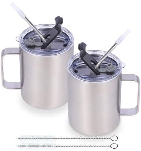 Volhoply 12oz Insulated Leakproof Coffee Mug with Sliding & Straw Lid Bulk 2 Pack,Double Wall Vacuum Stainless Steel Travel Tumbler Cup with Handle,Reusable Camping Mugs Keep Cold/Hot(Silver,2 Set)