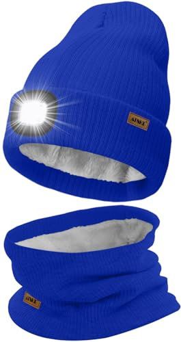 ATNKE LED Mütze mit Licht und Schal Set, Wiederaufladbare USB 4 LED Beleuchtete Laufmütze Winter Warme Gefütterte Fleece Halsschlauch und Stricken Mütze für Herren und Damen Geschenke/Blue