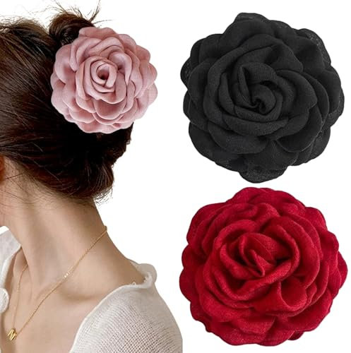 3 Stücke Blumen Haarklammer Haarclip Sommer Hawai Stoff Seide Chiffon Rose Blume Flower Tüll Haarklammern Große Klemmen Haarspangen Ausgefallener Haarschmuck Hair Accessories für Frauen Mädchen Damen