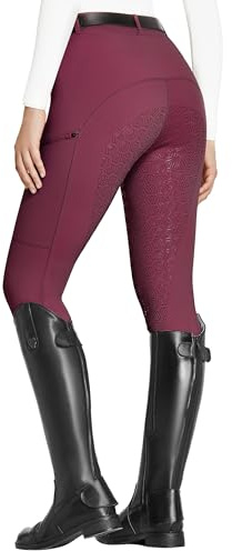 FitsT4 Sports Women's Full Seat Riding Tights with Zipper Pockets Horseback Riding Pants Equestrian Breeches for Women Burgundy M