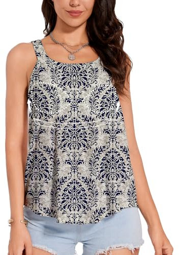 ANYFITTING Top for Women Built in Bra Flowy Sleevless Padded Camisole Loose Fit Summer Shirt Top Women Halter Tank Top UK Retro L