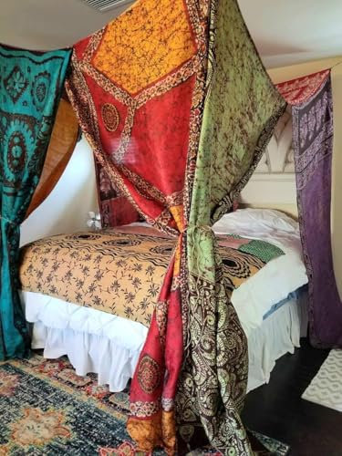 AFFERTO Betthimmel-Vorhänge, indische Seide, Sari, Sari, Boho-Vorhänge, böhmische Dekoration, böhmische Hochzeit, Hintergrund (Multi 1, Queen)