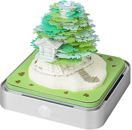 Calendrier de bureau 2025 avec lumières LED - Calendrier 2025 3D - Sculpture sur papier - Bloc-notes - Arbre vert - Calendrier à déchirer - Décoration de bureau pour la maison et le bureau