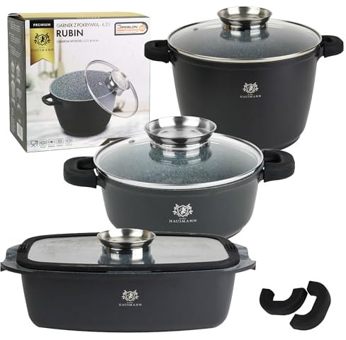 KARL HAUSAMNN Set de Casseroles Induction Noir - 3 Mange - 4.4 + 5.5 + 6.2 L - Batterie de Cuisine Fonte d'Aluminium - Marmite Couvercle en Verre - Casserole Tous Feux - Revêtement Antiadhésif