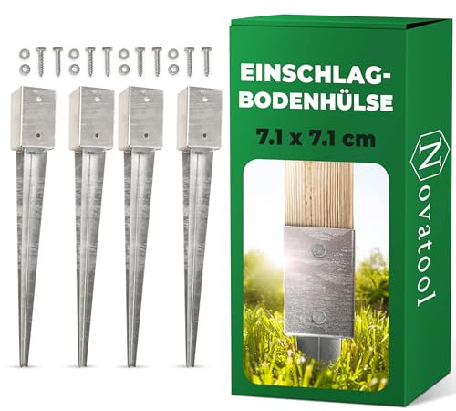 Novatool Lot de 4 douilles de sol à enfoncer 71 x 71 x 750 mm - Douille de sol - Support de poteau - Poteaux en bois - Douille à enfoncer - Piquet à enfoncer - Galvanisé - Avec vis