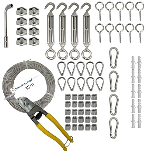 Edelstahlseilset - 6302 - Tecklenborg, Kegel GmbH | 35m, 7x7 - 2,0mm Ø Niro Drahtseil mit PVC auf 3,0 mm Außendurchmesser ummantelt incl. Zubehör