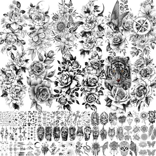 67 Blätter Realistisch Rose Blumen Temporäre Tattoos Damen Frauen Mädchen, Pfingstrosen Mond Tiger Blume Fake Tattoo Aufkleber Klebetattoos Erwachsene, Wasserfeste Tattoos Zum Aufkleben Auf Die Haut