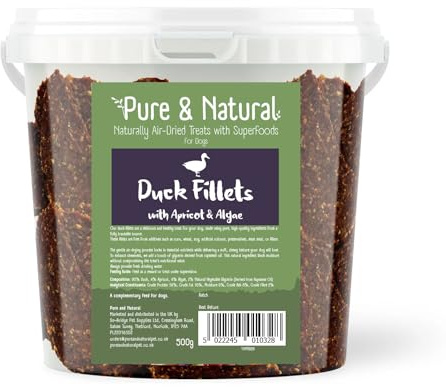 Pure & Natural Superfoods Air Dried Duck Fillets Treats with Apricot & Algae - Pet Chews and Anxious Dog Products - Tub 500g