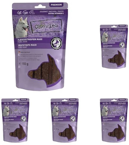 Chewies Fleischstreifen Maxi aus 100% Ziege - 150 g - Fleischstreifen für Hunde - getrocknete Ziegenfleisch Kaustreifen - hypoallergen & getreidefrei - Dörrfleisch von der Ziege (Packung mit 5)