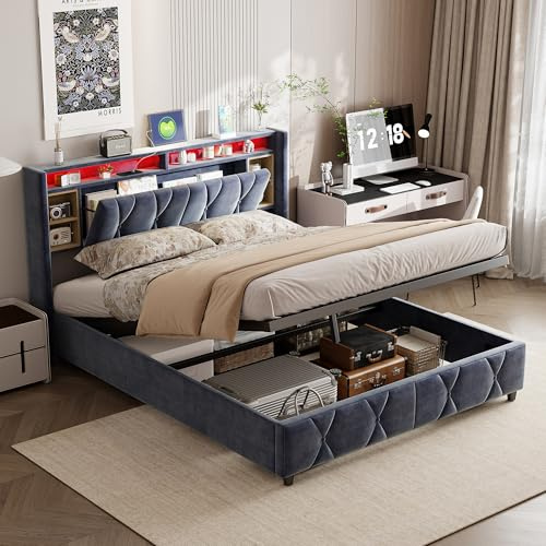Henunem Polsterbett 140x200, LED Bett mit Stauraum und Lattenrost, Kopfteil mit Staufach und USB-Ladefunktion, Hydraulisch Stauraumbett Rückenlehne Bettgestell,Samt, ohne Matratze,Grau