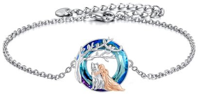 ROMANTICWORK Wolf und Mädchen Armband 925 Sterling Silber Kristall Wolf Armbänder Schmuck Geschenk für Damen