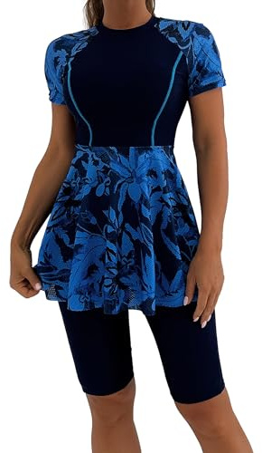 FYMNSI Modest Swimsuits for Women Two Piece Tummy Control Swimdress with Boyshorts Printed Swimming Costume Swimwear