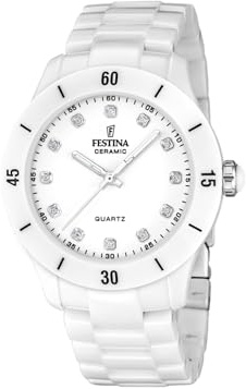 Festina Damen Uhr Analog Keramik Weiß - Quarzwerk - Mineralglas hochresistent - 5 ATM wasserdicht F20720/2 - Ceramic