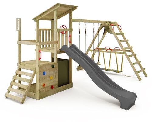 FATMOOSE Spielturm Klettergerüst FruityForest Fun XXL mit Surfanbau, Schaukel & Rutsche, Outdoor Kinder Kletterturm mit Sandkasten, Leiter & Spiel-Zubehör für den Garten (anthrazit)