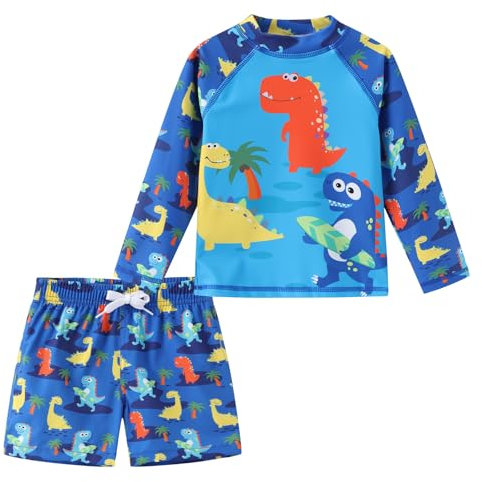 Aisyee Boys Swimsuit Long Sleeve Swimming Costume Boys Two Piece Dino Swimming Suit with Board Shorts Age 4-5 Years