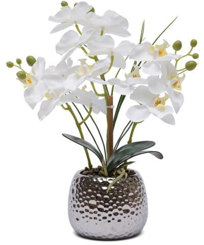Duoruameng Flores artificiales de orquídea blanca Phalaenopsis de 39 cm de altura, flores artificiales en maceta, decoración