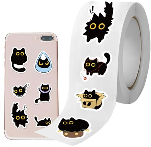Katzenaufkleber | Niedliches Schwarzes Kätzchen Aufkleber für Wasserflaschen - 500 Sticker/Rolle, Katzen Motive Für Briefe Flaschen Laptops Tagebücher Deko Jugendliche Erwachsene Kinder Geschenke