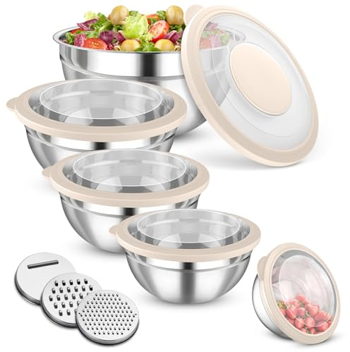 Onader Rührschüssel 5er Set, Edelstahl Salatschüssel mit Deckel, Khaki | Metall Servierschüssel mit 3 Reibeaufsätzen für die Küche Mischen, Backen, 4,5L/3L/1,5L/1,2L/0,7L, Spülmaschinenfest
