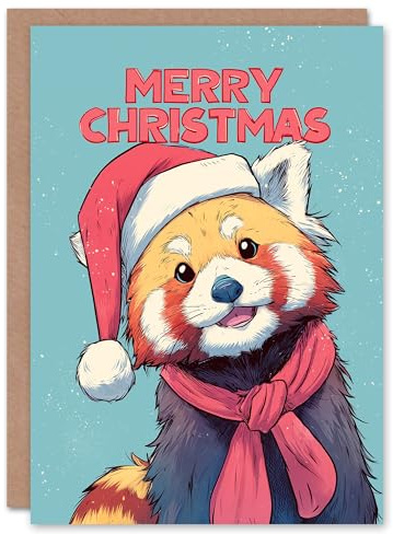 Artery8 Personalised Christmas Card Cute Cartoon Red Panda in Santa Hat Illustration