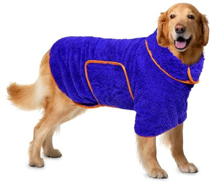 Hundebademantel Schnell Trocknend Badetuch aus Mikrofaser, Bibykivn Einstellbar Hundehandtuch mit Klettverschluss, Saugfähiger Hunde Bademantel mit Hut für Große Mittlere Hunde (Blau 1, XL)