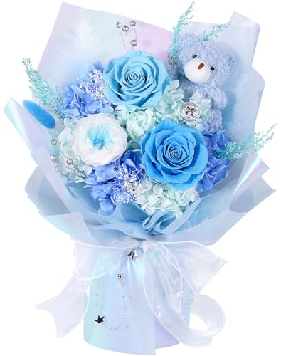 Preserved Flowers with Bear, Blue Flowers Bouquet Delivery, Gifts for Women | Real Roses,Forever Eternal Flowers, Gift Box & Card, Birthday Gifts for Mother Girlfriend Her,Anniversary Christmas