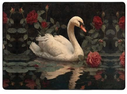 HHGFASD Teppich mit Schwan und Rosenmuster, 203,2 x 147,3 cm, für Wohnzimmer, Büro, Couchtisch, Bett, Balkon, weich, flauschig, wasserabsorbierend, langlebig