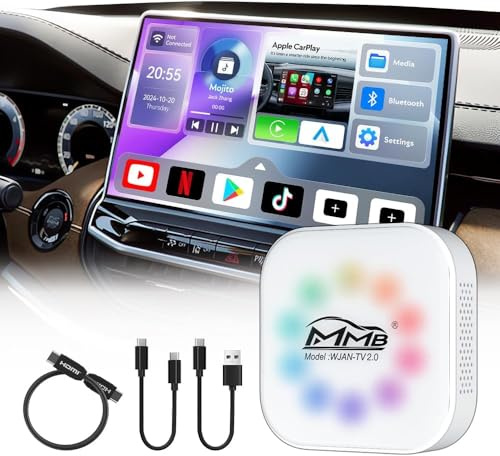 MMB WJAN-TV2.0 CarPlay Ai Box, Wireless Android Auto Car Play Adapter Online YouTube/Netflix Dongle With HDMI Output, Video TV Box, Android 12.0 Auto Wireless Adapter For OEM Apple Car Play Car