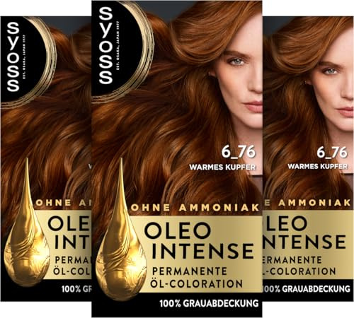 Syoss Oleo Intense Öl-Coloration 6-76 Warmes Kupfer (3x 130 ml), dauerhafte Haarfarbe mit pflegendem Öl schützt vor Haarschäden, für 100% Grauabdeckung, Coloration ohne Ammoniak