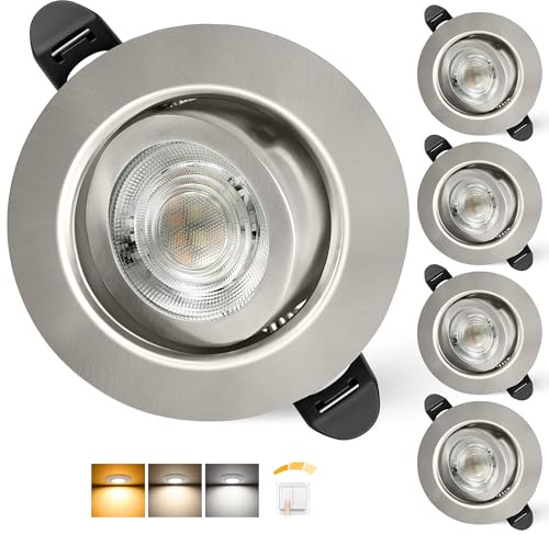 Aulaiyi LED Einbaustrahler 230V Dimmbar 68mm 5.5W IP44 LED Spot Ultra Flach | Deckenspots 45° Schwenkbar Einbauleuchten Warmweiß Neutralweiß Kaltweiß Einbauspots für Bad Wohnzimmer, Nickel 4er Set