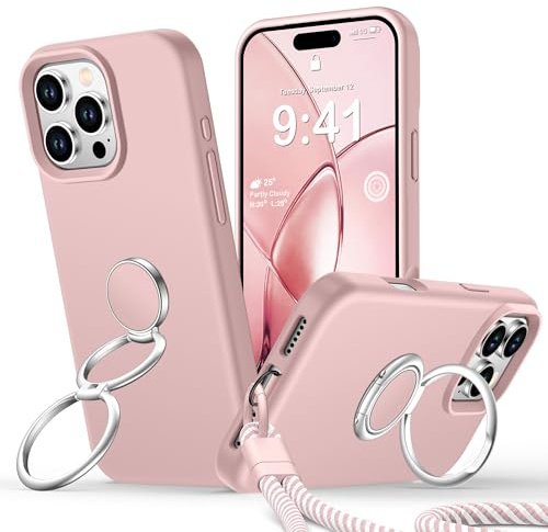 Rockaway Silicone Case for iPhone 16 Pro Max, Double Ring Stand Pink | Wrist Strap, Shockproof Protective Cover for iPhone 16 Pro Max 6.9 - Pink