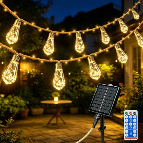 Catena Luminosa Esterno Solare 10M Catena Luci Stringa con 15 S17 Lampadine | 8 Modalità, IP65 Impermeabile, Corda di Canapa Luci Solari Esterno Decorazione per Giardino, Cortile, Festa, Matrimonio