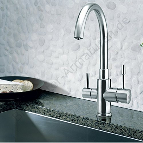 Bluewater PALMIRA 3 Drei Wege Wasserhahn INOX Edelstahl Massiv Designer Drei Wege Wasserhahn für Wasserfilter - Küchenarmatur für Osmose Filter - Duo Wasserhahn für Trinkwasser-Armatur Trinkwasserhahn