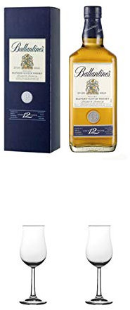 Ballantines 12 Jahre Gold Seal 0,7 Liter + Nosing Gläser Kelchglas Bugatti mit Eichstrich 2cl und 4cl 1 Stück + Nosing Gläser Kelchglas Bugatti mit Eichstrich 2cl und 4cl 1 Stück