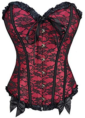 RHISLEO Women Lace Up Floral Lace Red Burlesque Basque Bustier Shaper Overbust Boned Corset Top