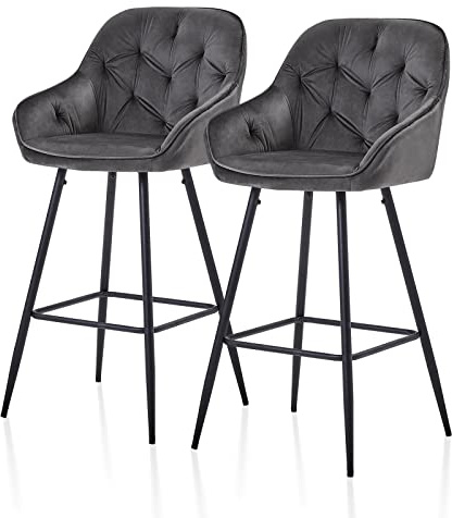 TUKAILAI Barhocker 2er Set aus Samt, Barstuhl Tresenhocker Bistrohocker modern Hocker mit Rückenlehne, Armlehne, Metallfußstütze, Küche, Frühstückstrese, Essinsel, Kneipe, Grau 75cm