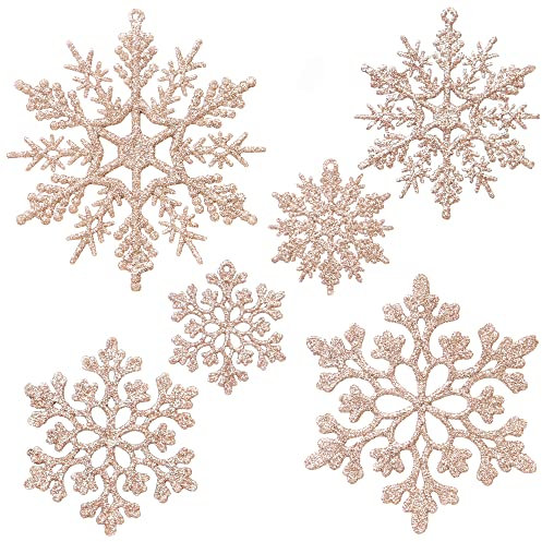 Sea Team Weihnachtsbaumschmuck aus Kunststoff, glitzernd, Schneeflocken, 2, 3, 4 Zoll, 36 Stück, Champagner