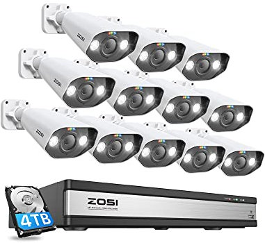 ZOSI 5MP Überwachungskamera Set, 12X 5MP PoE IP Outdoor Kamera mit 16CH 4TB PoE NVR, 2-Wege- Audio, Farbnachtsicht, Personenerkennung, Spotlight Alarm