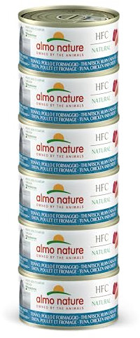 Almo Nature HFC Natural Megapack, Nassnahrung für Katzen - Thunfisch, Huhn und Käse (6 Dosen x 70g)
