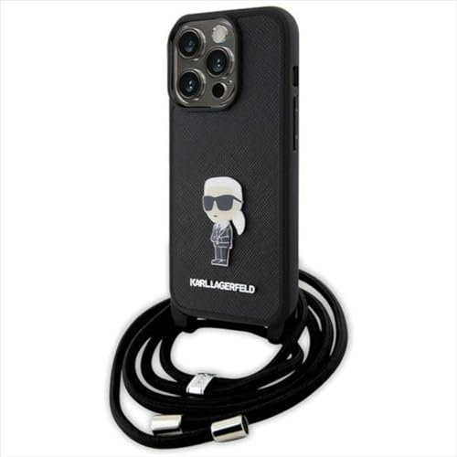KARL LAGERFELD KLHCP15XSASKNPSK Hülle für iPhone 15 Pro Max 6.7 hardcase Schwarz Crossbody Saffiano Monogram Metal Pin Karl & Choupette