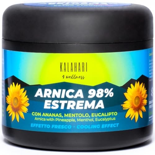 KALAHARI Árnica Gel 98% – Extrema y Extra Fuerte potenciado con extracto de Piña - Acción intensa para masajes Muscular y Articular – Efecto Frio, Fórmula Natural, Fabricado en Italia, 500 ml