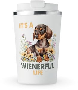 MAXIKIWI - Taza aislada de acero inoxidable de doble pared, a prueba de fugas, vaso de viaje para café o té con tapa, mantiene las bebidas calientes y frías, lindo perro salchicha floral - 350 ml