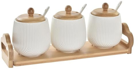 Set 3 salsera porcelana blanco con tapa de madera bambu y soporte para cocina estilo nordico (Set 3 Salsera)